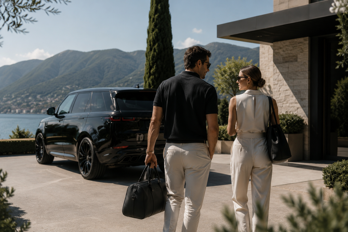 A couple arriving with Active Amsterdam bags beside an SUV